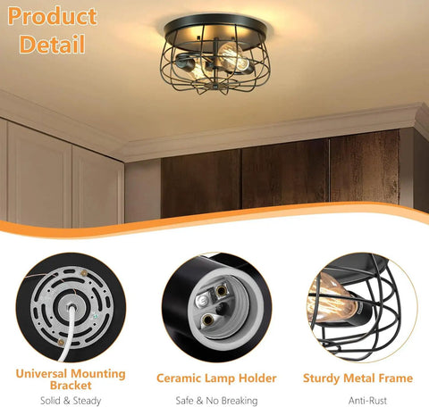 Two Light Industrial Farmhouse Ceiling Light With Dope Black Metal Cage UL Certified Rustic Vintage Finish Flush Mount Detail