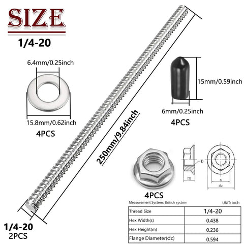 2 Pack 1/4-20 Fully Threaded Steel Rods 12 Inch With 304 Stainless Steel Nuts Washers And Rubber End Caps For Anchor Bolts Clamps