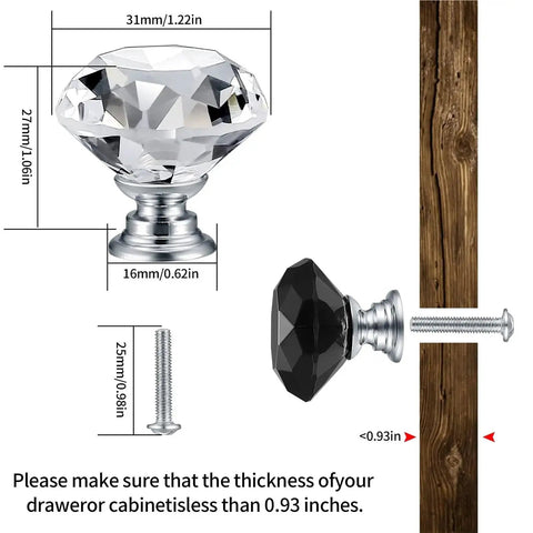 24 Piece Snazzy Crystal Cabinet Knobs And Wardrobe Drawer Pull Handles For Furniture Refresh With Glossy Transparent Finish size and dimensions shown