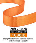 Close-up of orange 20ft x 1in durable polyester webbing from One Inch Ratchet Tie Down Straps, 1000lb capacity.