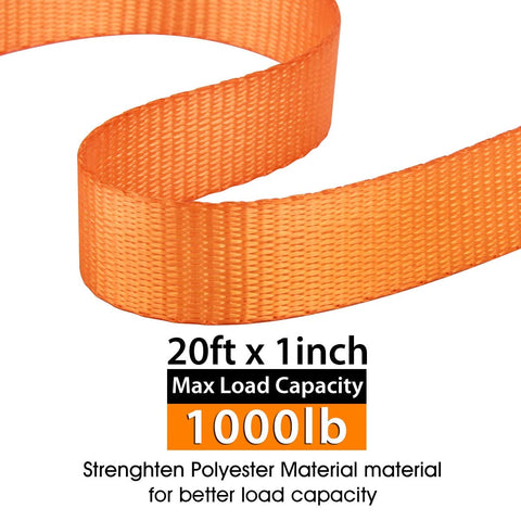 Close-up of orange 20ft x 1in durable polyester webbing from One Inch Ratchet Tie Down Straps, 1000lb capacity.