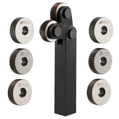 Diagonal Dual Wheel Knurling Tool Set with interchangeable wheels for 0.5mm, 1mm, and 2mm knurling, shown with steel tool and wheels.