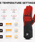 Diagram showing 3 temperature settings for Ultra Thin Heated Glove Liners For Men And Women Rechargeable Battery Hand Warmer.