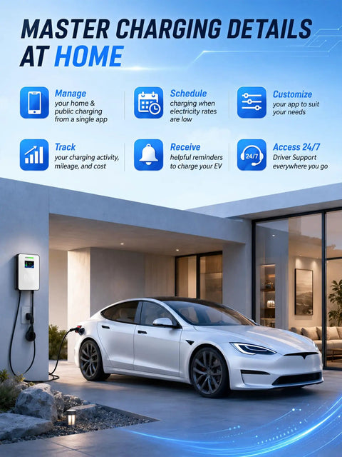 Heavy Duty Level 2 EV Charger With J1772 Adapter And Nema 14 50 Socket Delivers 48 Amps Of Blazing Fast Wall Mount Charging for Tesla in home garage.