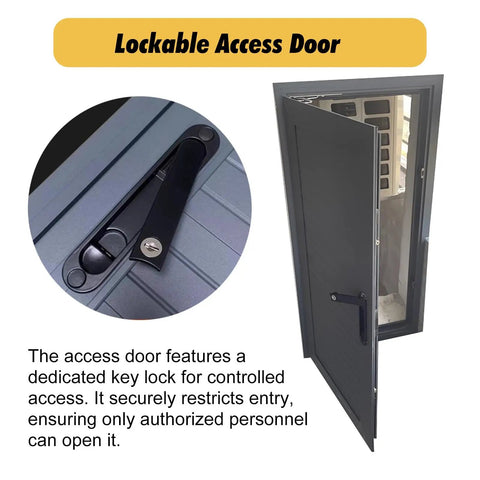 Heavy Duty White Lockable Access Door For Crawl Space And Attic Projects Flush Mount Insulated Wall Panel with key lock detail.