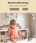 Indoor Security Cam 1080P Plug In WiFi monitoring child with toy, shown on wall above child, highlighting real-time motion detection.