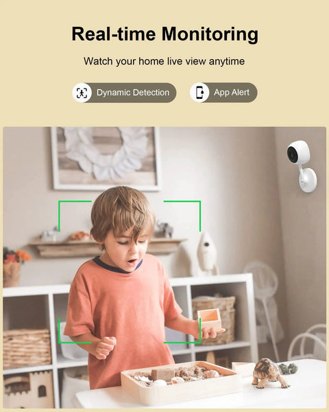 Indoor Security Cam 1080P Plug In WiFi monitoring child with toy, shown on wall above child, highlighting real-time motion detection.