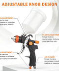 Adjustable knob design on Pro Level HVLP Paint Spray Gun Kit with live pressure gauge and brass tips for precise control.