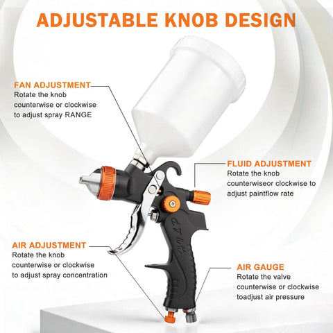 Adjustable knob design on Pro Level HVLP Paint Spray Gun Kit with live pressure gauge and brass tips for precise control.