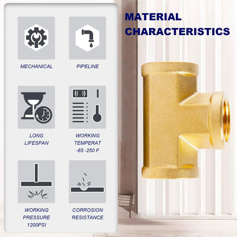 Brass Pipe Fitting Tee Half Inch Half Inch Half Inch NPT Female Thread Adapter Three Pack Pro Grade Heavy Duty displayed with features.