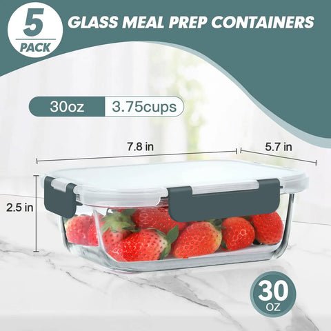 30 Oz Glass Meal Prep Containers Set Of Five With Lids Durable Glass Storage For Lunches And Leftovers Dishwasher Safe