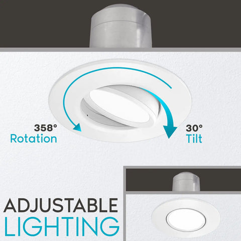 Sleek 5 And 6 Inch Gimbal LED Recessed Can Lights 16 Pack Switchable Color Temperatures 2700K To 5000K 11W Equals 90W Equivalent adjustable lighting with 358° rotation and 30° tilt.