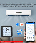 WiFi Smart Air Conditioner Controller With LCD Touch Screen Easy Setup Thermostat interface next to smartphone app display