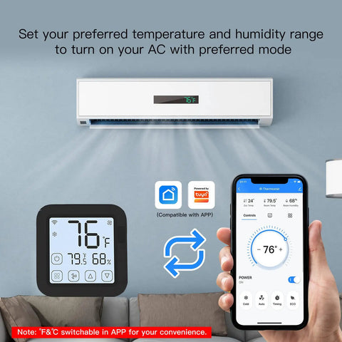 WiFi Smart Air Conditioner Controller With LCD Touch Screen Easy Setup Thermostat interface next to smartphone app display