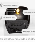 Dope Flameless Dual Moving Flame Skeleton Skull Candle with LED technology and embossed RIP detail, black, gothic decor, 5.85x7.5 inches