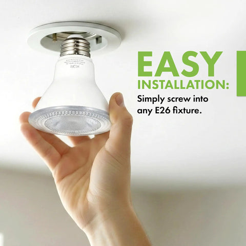 Person installing Six Pack LED PAR20 Flood Lights 5.5W 120V Dimmable Wet Location 3000K Warm White 40 Degree Flood With E26 Medium Base