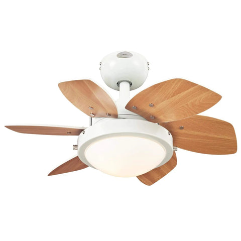 Quince 24 Inch Indoor Ceiling Fan With Light Dope White Finish Dimmable 16W LED With Opal Frosted Glass Reversible White And Beech Blades