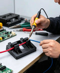 Heavy Duty Wire Soldering Clamp Holder for welding projects, holding red and blue wire on a workspace with tools