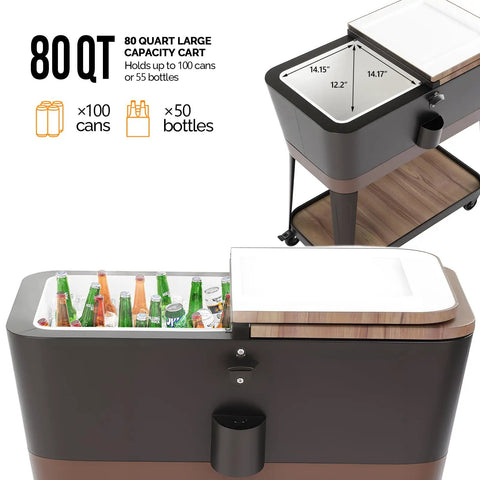 80 Quart Rolling Patio Cooler Cart with Blackboard, built-in bottle opener, drainage, and storage for parties, deck, poolside