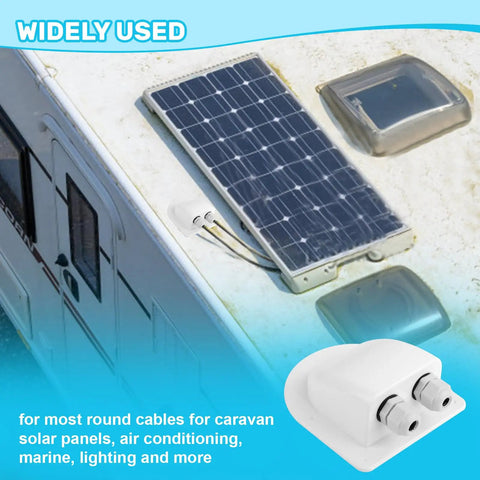Waterproof ABS Solar Dual Cable Gland Box Two Pack White Outdoor Cable Entry Enclosure mounted on RV roof with solar panel