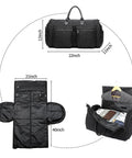 Black rolling carry-on garment bag with dimensions and pockets for wrinkle-free travel.