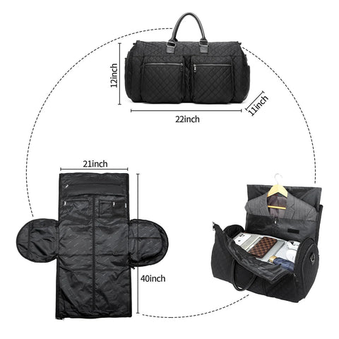 Black rolling carry-on garment bag with dimensions and pockets for wrinkle-free travel.