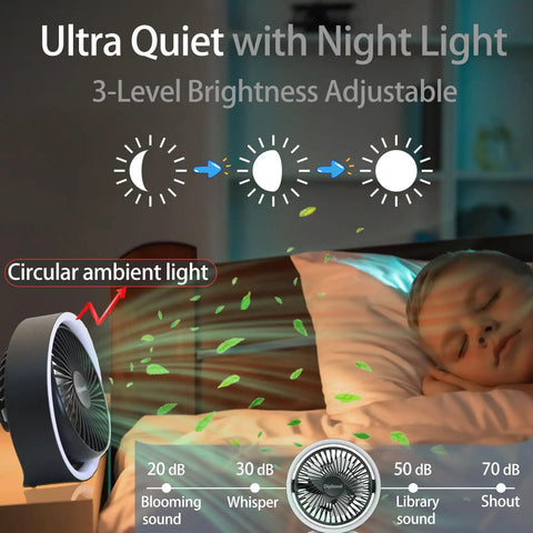 Ultra Quiet 5.3 Inch Desk Fan Portable USB Powered With 2000mAh Battery 3 Speeds Night Light in bedroom with sleeping child