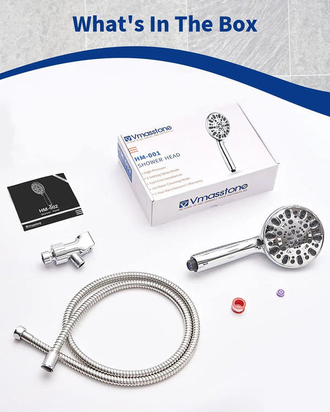 High Pressure Handheld Shower Head With Seven Spray Modes For Custom Comfort, 59 Inch Stainless Steel Hose, packaging contents