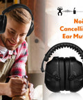 Two Pack Noise Reduction Ear Muffs NRR 28dB For Shooting And Construction, in use by woodworker, with black cushions