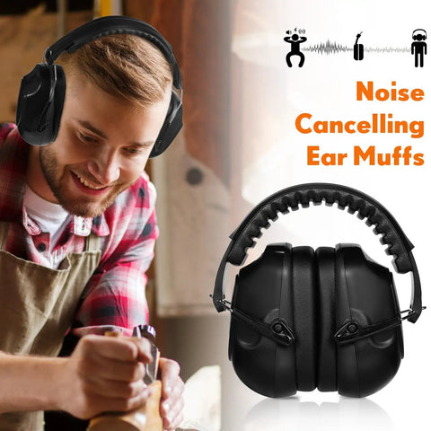 Two Pack Noise Reduction Ear Muffs NRR 28dB For Shooting And Construction, in use by woodworker, with black cushions