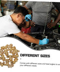Mechanic using 60-Piece Grease Zerk Fitting Kit with copper-threaded nipples for high-pressure machinery in automotive repair workshop.