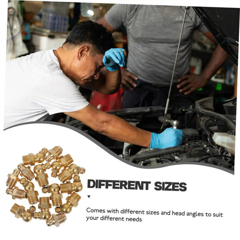 Mechanic using 60-Piece Grease Zerk Fitting Kit with copper-threaded nipples for high-pressure machinery in automotive repair workshop.