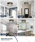 Farmhouse Wood Flush Mount Ceiling Light 12 Inch 2 Light Dimmable Fixture in bedroom, entryway, living room, dining room settings.