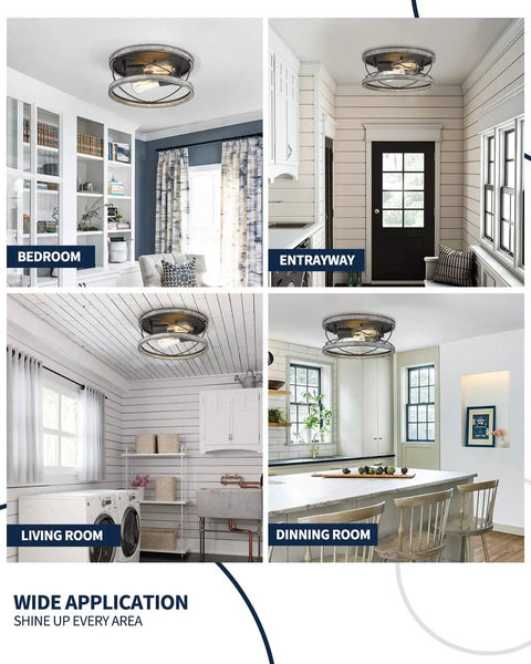 Farmhouse Wood Flush Mount Ceiling Light 12 Inch 2 Light Dimmable Fixture in bedroom, entryway, living room, dining room settings.