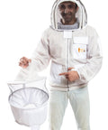 Person wearing Beekeeping Fully Ventilated Jacket With Round Veil Unisex 2XL White Multi Color, showing removable veil
