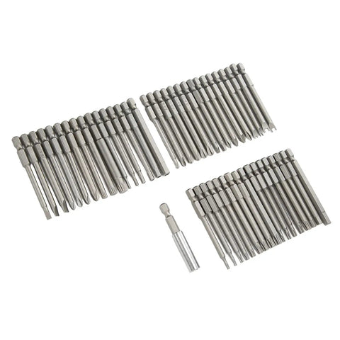 Super Cool Extra Long Security Bit Set With Magnetic Screwdriver Bits For Deep Reach Repair Jobs Including Hex Torx Star Clutch Spline And Triwing Tools To Fix Cars And Appliances With Easy Grip Access., 50-piece vanadium steel bits arranged on white