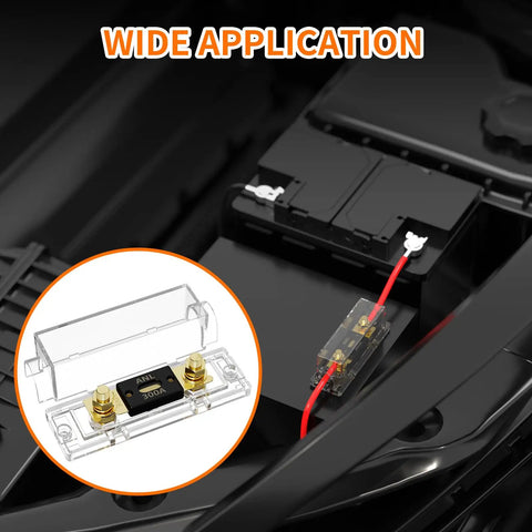 Beefy 300 Amp ANL Fuse Holder Kit With 300A ANL Fuse For Car Audio Systems ANL Fuse Block For 0 2 4 Gauge Wiring Transparent Crystal Cover And Gold Plated Terminals Durable 3 Pack installed on car battery