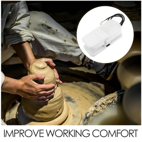 Replacement Foot Pedal For Pottery Wheel With Pro Grade Speed Control next to potter shaping clay on wheel