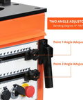 Close-up of angle adjustors on Heavy Duty 1600W Electric Rebar Bender And Cutter Machine For Steel Rods with degree markings.