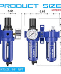 Three Eighths NPT Compressed Air Filter Regulator Lubricator FRL With Zinc Alloy Body side view showing dimensions and gauge