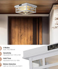 Outdoor Flush Mount Motion Sensor White Ceiling Light With Seeded Clear Glass Timeless Industrial Design for Porch