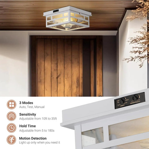Outdoor Flush Mount Motion Sensor White Ceiling Light With Seeded Clear Glass Timeless Industrial Design for Porch