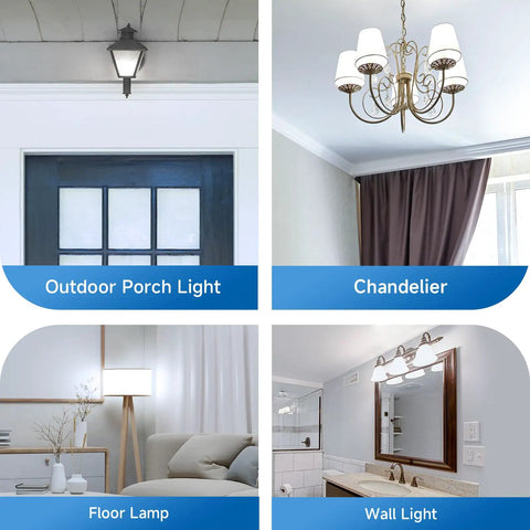 Grid showing outdoor porch light, chandelier, floor lamp, and wall light in a home setting.