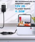 Smooth As Butter AC To DC Converter 12V 2A Cigarette Lighter Power Adapter For Home Use With 110V To 12V Transformer, powering portable cooler.
