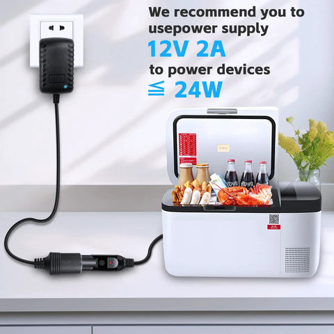 Smooth As Butter AC To DC Converter 12V 2A Cigarette Lighter Power Adapter For Home Use With 110V To 12V Transformer, powering portable cooler.