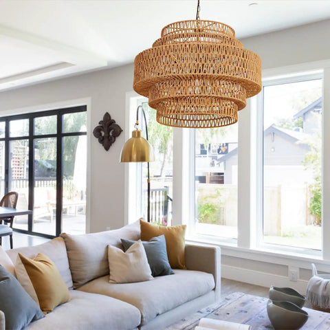 Epic Large Gold Boho Rattan Chandelier With 8 Lights hanging in a bright living room with natural rattan detail, handwoven design.