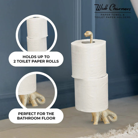 Totally Gold Dino Paper Towel Holder Stand for Kitchen and Bathroom Decor, cast iron dinosaur design with two rolls displayed.