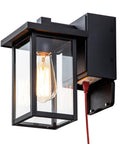 Black Outdoor Wall Mount Porch Light With Two Built In GFCI Outlets And Weatherproof Exterior Fixture for Home Garage and Patio