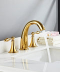 Slick Polished Gold Brass Widespread Bathroom Faucet 3 Hole Mount With Dual Handles Ceramic Cartridge Includes Water Supply Lines Rust And Corrosion Resistant And Built To Last For Sink.