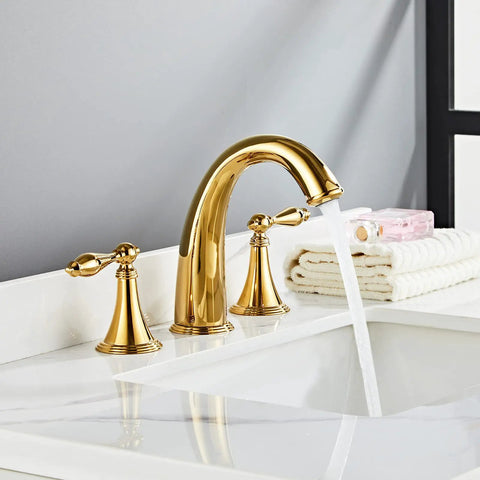 Slick Polished Gold Brass Widespread Bathroom Faucet 3 Hole Mount With Dual Handles Ceramic Cartridge Includes Water Supply Lines Rust And Corrosion Resistant And Built To Last For Sink.